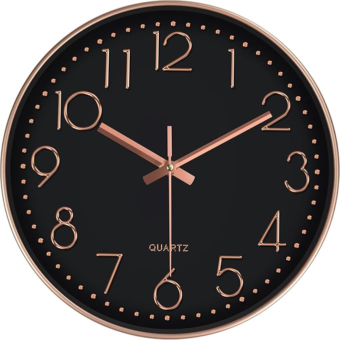 Silent Wall Clocks Battery Operated 8 Inch, Analog Wall Clock with Oversized Number Tempered Glass Clock Face, Non Ticking Wall Clocks for Living Room Bedroom Kitchen Office, Black Rose Gold