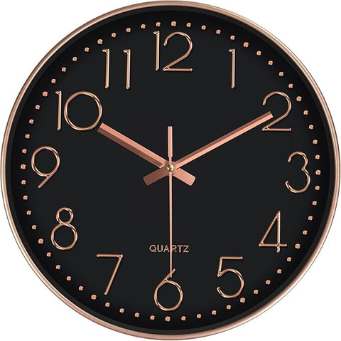 Modern Silent Wall Clock - 12 Inch Wall Clocks Battery Operated Large Number, Non-Ticking Analog Clock with Tempered Glass Quartz Clocks for Living Room Bedroom Office Kitchen, Black Rose Gold