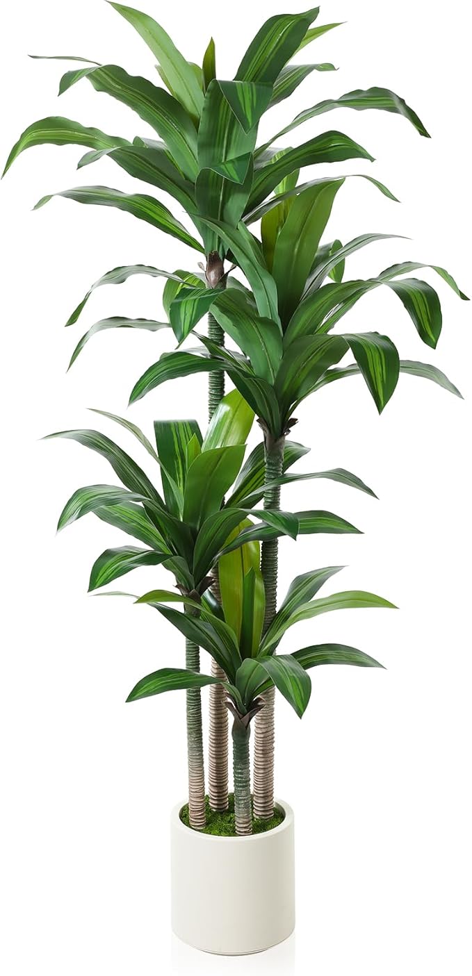 Artificial Dracaena Tree 6ft, Tall Fake Dracaena Plants with White Planter, Faux Dragon Tree Indoor Floor Plant for Home Decor Office Living Room Porch Housewarming, 1Pcs