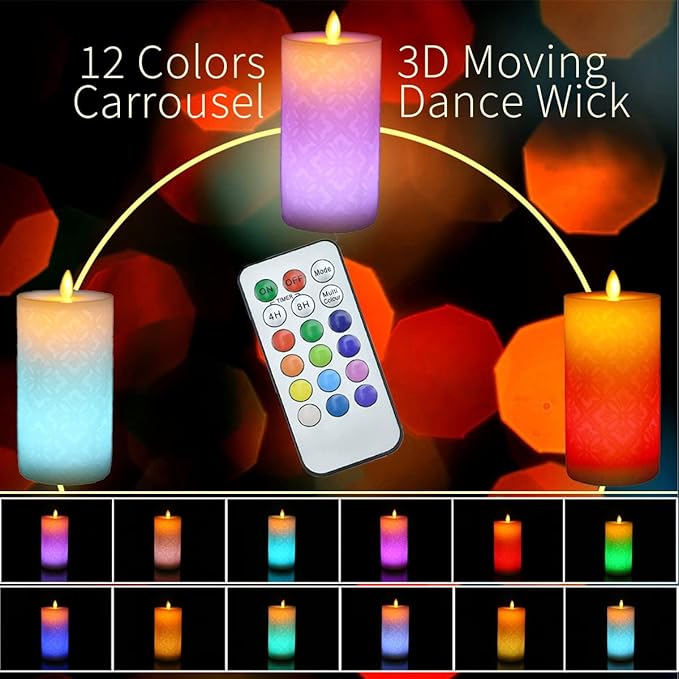 NICEME LED Multi Colored Flameless Candle with Remote Control Timer, 6" Realistic Wax Color Changing Candle Battery Operated with Flickering Flame for Wedding Home