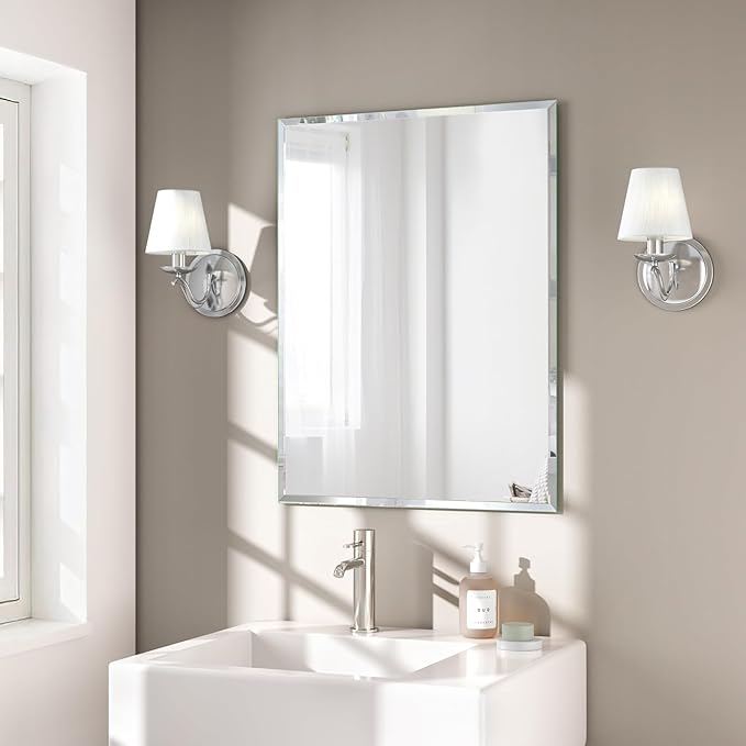 KOHROS Bathroom Mirror 20” x 28" Frameless Rectangle Bathroom Vanity Mirror w/Polished Edge Beveled Mirror for Hallway Entryway Dressing Room (Silver)