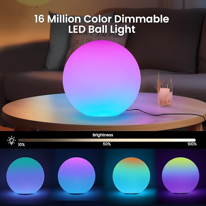 LOFTEK Color Changing Night Light, Smart LED Lamp with Bluetooth APP and Remote Control, Music Sync, 220 Scene Modes, 12-inch RGB Ball Mood Lighting for Living Room, Bedroom Event(Corded Electric)