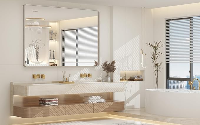 55x36 Inch Brushed Nickel Bathroom Mirror, Large Brushed Silver Metal Framed Wall Mirror, Rounded Corner Rectangle Modern Vanity Mirror, Tempered Glass, Anti-Rust, Shatterproof (Horizontal/Vertical)