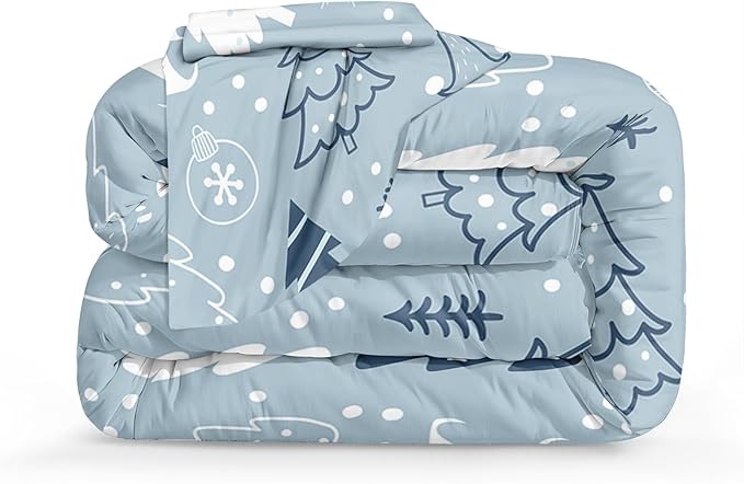 Bedorm Christmas Tree Bedding Comforter Blue Winter Comforter Set Blue White Snowflake Xmas Tree Holiday Decor Cute Christmas Quilt Comforter Set King Size