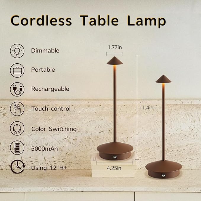 Cordless Table Lamp Set of 2, Rechargeable Portable LED Bedside Touch Lamp 6000mAh Battery Operated, 3 Color Stepless Dimming up, Wireless Battery Lamp for Dining/Outdoor/Bar/Patio/Party (Brown)