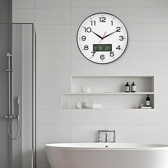 AKCISOT Wall Clock 12 Inch, Non-Ticking Silent Battery Operated Analog with LCD Display for Perpetual Calendar and Temperature, Ideal Modern Decor for Home, Bedroom, Kitchen, Office (Black)