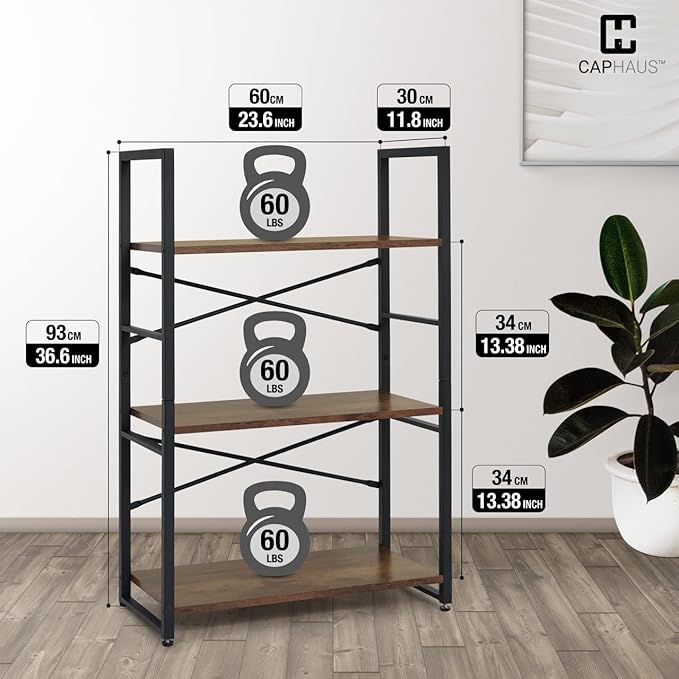 CAPHAUS 3 Tier Small Bookshelf, 24 Inch Width Free Standing Shelf, Bookcase Shelf Storage Organizer, Industrial Book Shelves for Home Office, Living Room, Rustic Oak Vintage Shelves & Metal Frame