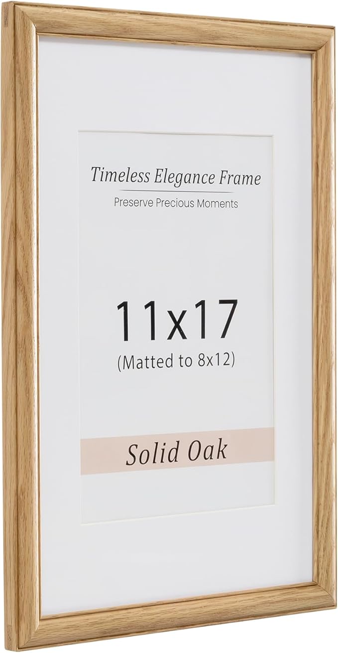 11x17 Picture Frame, Natural Solid Wooden Picture Frames with Tempered Glass, Display 8x12 with Mat or 11 x 17 Without, Vertical or Horizontal Wall Hanging Photo Frame, Natural Oak Color, 1 Pack