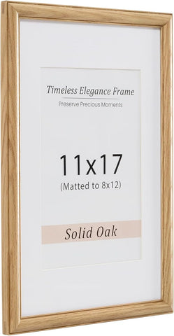 11x17 Picture Frame, Natural Solid Wooden Picture Frames with Tempered Glass, Display 8x12 with Mat or 11 x 17 Without, Vertical or Horizontal Wall Hanging Photo Frame, Natural Oak Color, 1 Pack