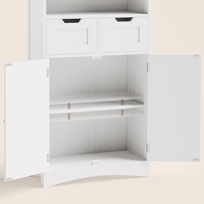 Gizoon Storage Cabinet, Bathroom Cabinet with 2 Drawers and Adjustable Shelves, Freestanding Storage Organizer with Doors for Bathroom, Living Room, Kitchen, Home Office, Hallway