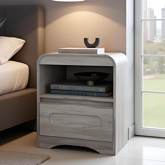 Night Stand Nightstand with Drawer Storage Curved Bed Side Table End Table Large Modern Wide Bedside Stand Tall Night Stands for Bedroom Living Room Sofa Couch Home Office, Grey