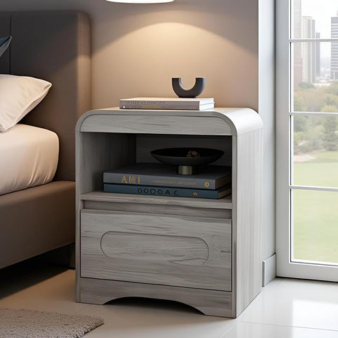 Night Stand Nightstand with Drawer Storage Curved Bed Side Table End Table Large Modern Wide Bedside Stand Tall Night Stands for Bedroom Living Room Sofa Couch Home Office, Grey