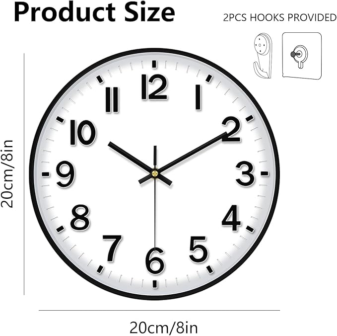 Black Wall Clock, 8 Inch Wall Clocks Battery Operated, Round Modern Non Ticking Silent Digital Analog Small Wall Clock for Bedroom Living Room Kitchen Office Gym Classroom Outdoor Clocks