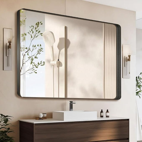 Black 40x32 Inch Metal Framed Mirror for Wall, Large Rounded Rectangle Mirror, Anti-Rust, Tempered Glass, Hangs Horizontally or Vertically