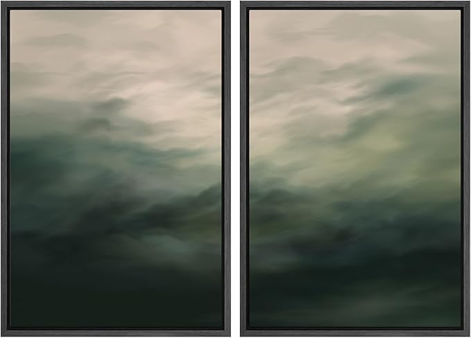 MUDECOR Framed Canvas Print Wall Art Dark Green Abstract Misty Landscape Moody Illustrations Modern Art Decorative Chic for Living Room, Bedroom, Office - 16"x24"x2 Black