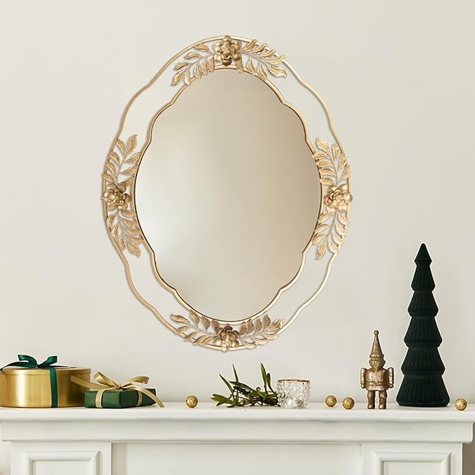Gold Mirrors for Wall, 22"x29" Oval Metal Frame Decorative Mirror, Chic Floral Ornate Hanging Vanity Mirror for Dresser, Bathroom, Mantel,Entryway