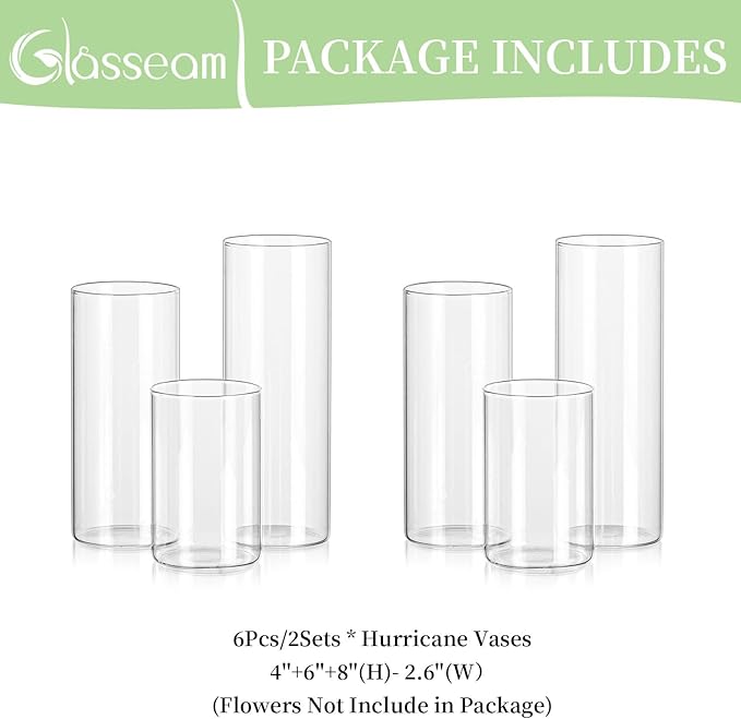 Glasseam Clear Glass Cylinder Vase, Set of 6 Glass Vases for Centerpieces, Modern Floating Candle Vases for Flowers, Hurricane Vase Decor Candle Holders for Pillar Candles Wedding Decorations, 2.6in