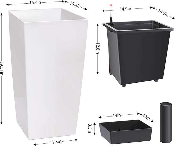 GAOMON 30" Tall Planter Set of 2,Heavy Duty Tall Planter,High Front Porch Planter Pots with Drainage Holes＆Water Level Monitor＆Inner Bucket, Automatic Watering,Indoor/Outdoor Grande Plant,Tree,White…