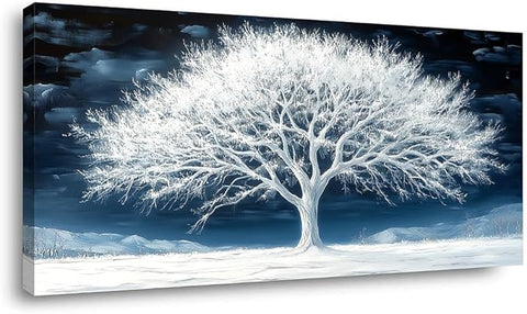 Calming Tree of Life Wall Art for Living Room Office Navy Blue Snow White Canvas Painting Prints Nature Artwork Family Bedroom Decor (20x40 Inches)