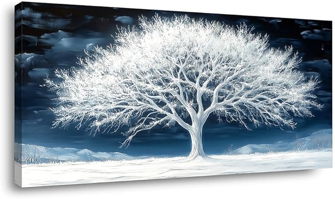 Calming Tree of Life Wall Art for Living Room Office Navy Blue Snow White Canvas Painting Prints Large Nature Artwork Family Bedroom Decor (23x46 Inches)