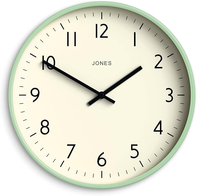 JONES CLOCKS® Studio Wall Clock | Modern Round Clock | 12 inch | Neo Mint Green | Easy to Read Numbers | Versatile Design for Kitchen, Living Room or Office