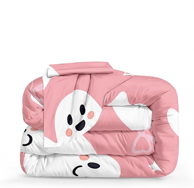 Cartoon Ghost Bedding Set Pink Halloween Comforter Set for Girls Kids Shy Ghost Kawaii Halloween Decor Ghost Festival Theme Pink and White Bedding Comforter Set King Size