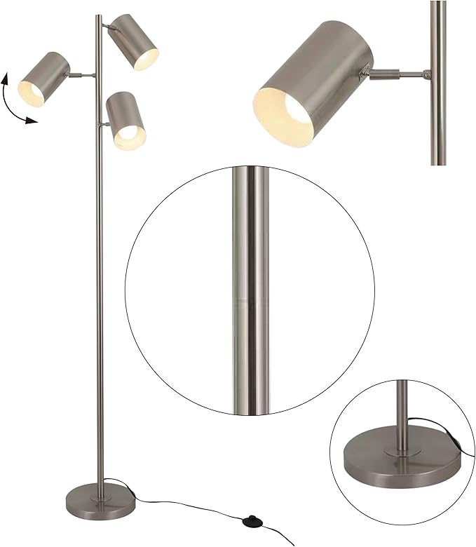 Tree Floor Lamp with 3 Light Bulbs,Nickel Standing Tall Pole Lamp with 3 Adjustable Rotating Lights,Farmhouse Floor Lamp for Living Room Bedroom Office,Vintage Standing Lamp 9W E26 LED Bulbs Included.