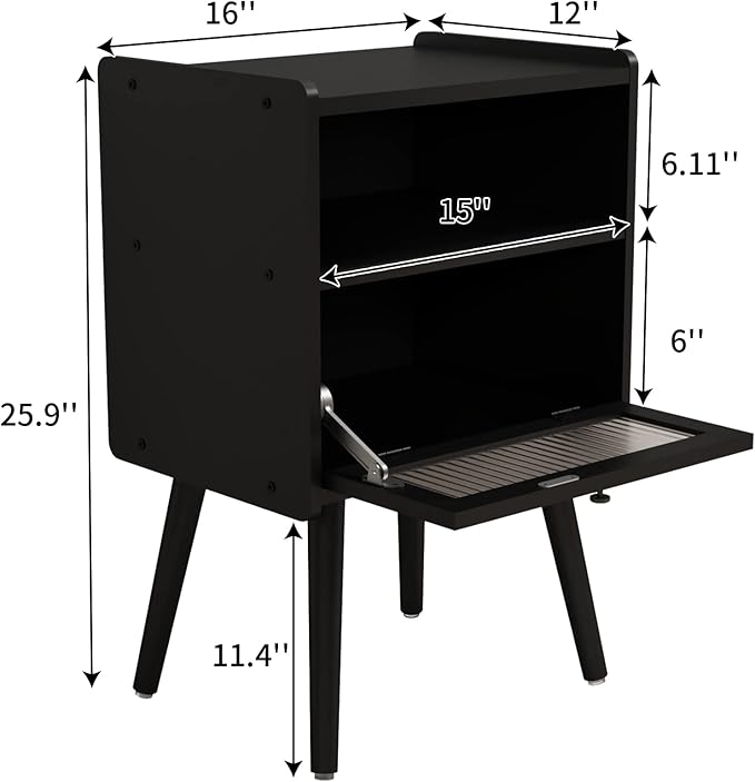 Mid Century Modern Nightstand, Side Table with Storage, Bedside Tables with Glass Door, End Table with Solid Wood Legs for Bedroom, Living Room and Small Spaces, Black