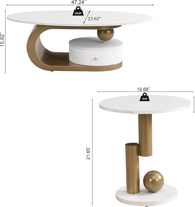 Marble Nesting Coffee Table Set of 2,Modern Oval Center Tea Table and Round Side Nightstand Set w/Drawer andFaux Marble Top and Metal Frame for Living Room Accent Furniture (Gold White)