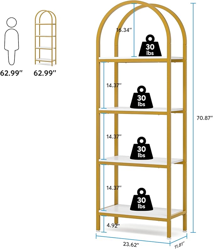 Tribesigns 4-Tier Open Bookshelf Set of 2, 70.8" Modern Wood Bookcase Storage Shelves with Metal Frame, Freestanding Display Rack Tall Shelving Unit for Bedroom, Living Room (White and Gold, 2PCS)