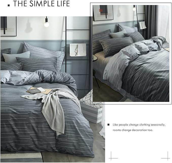 VM VOUGEMARKET 100% Natural Cotton Striped Duvet Cover Set,Gray Stripes Pattern Printed Comforter Cover for Boys Men,Reversible Modern Simple Style Bedding Set