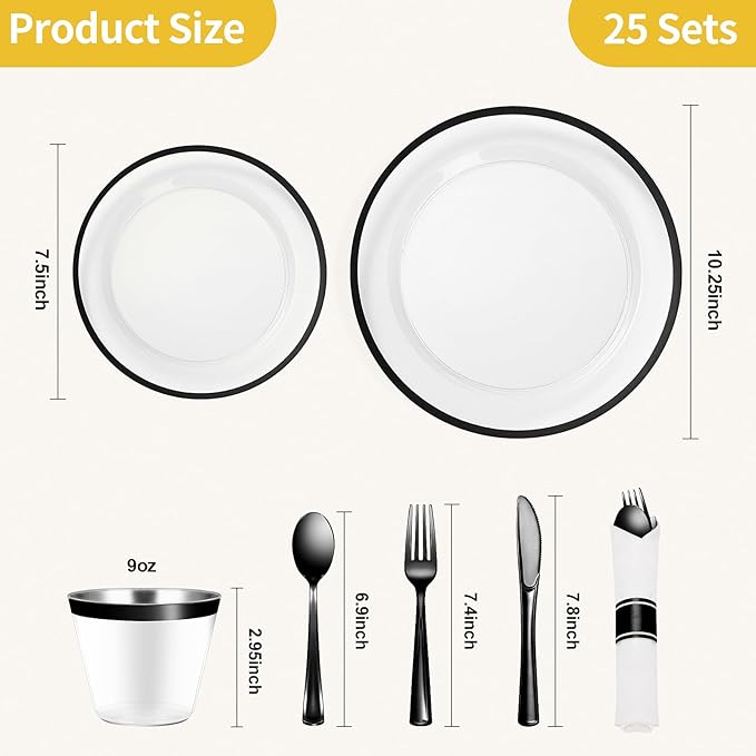 Goodluck 175 Piece Black Plastic Dinnerware Set for Party, Clear Disposable Plates for 25 Guests, Include: 25 Dinner Plastic Plates, 25 Dessert Plates, 25 Pre Rolled Napkins with Cutlery Set, 25 Cups
