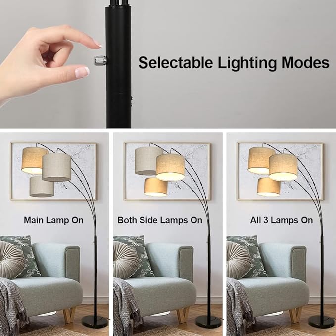 DLLT 3-Light Arc Floor Lamp, Modern LED Floor Lamp with Hanging Lampshades, 79 Inches Tall Standing Lamp with 3-Way Switch for Living Room Bedroom Reading Office Lighting, E26 Base, 9W Bulbs Included
