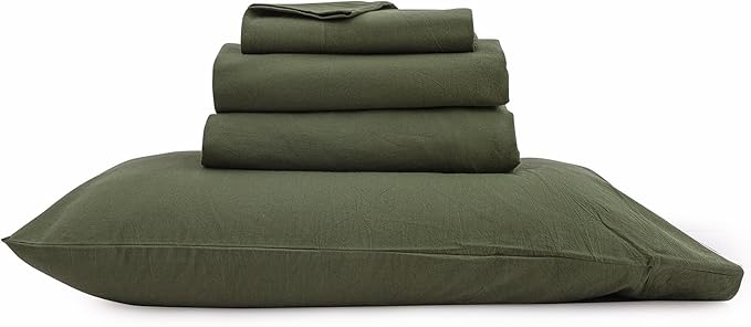 BESTOUCH Sheet Set 100% Washed Cotton Linen Feel Super Soft Comfortable Chic Lightweight 4 Pcs Home Bedding Set Solid Olive Green Queen