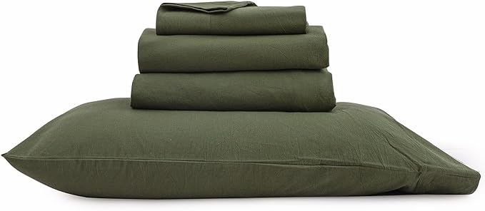 BESTOUCH Sheet Set 100% Washed Cotton Linen Feel Super Soft Comfortable Chic Lightweight 3 Pcs Home Bedding Set Solid Olive Green Twin