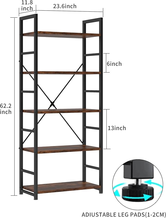 VERMESS 5 Tier Bookshelf, Tall Book Shelf, Vintage Industrial Bookcase with Open Display Shelves, Wood Storage Shelving Unit Metal Frame Standing Bookshelves for Bedroom/Home/Office, Rustic Brown