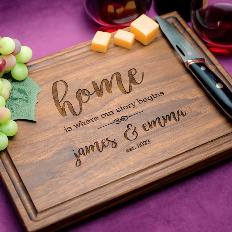 Straga Personalized Cutting Boards | Handmade Wood Engraved Charcuterie | Custom Housewarming, Home Purchase Gift for Homeowners, Real Estate Agents (First Home Design No.925)