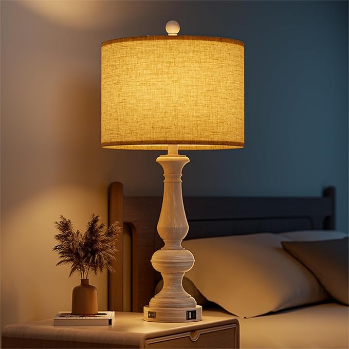 26" Farmhouse Resin Table Lamp for Bedroom Set of 2, Retro Bedside Lamps for Nightstand with USB C+A Ports, 3 Color Temperature Desk Lamp, Vintage Table Lamps for Living Room (Bulb Included)