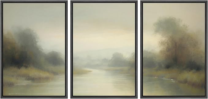 SIGNWIN Framed Wall Art Print Set Misty River Landscape Soft Neutral Nature Scene Photography Modern Art Closeup Relax/Calm Dark for Living Room, Bedroom, Office - 16"x24"x3 Black