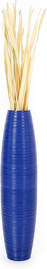 Leewadee Large Blue Home Decor Floor Vase – Wooden 28 inches Tall Farmhouse Decor Flower Holder for Fake Plant and Pampas Grass