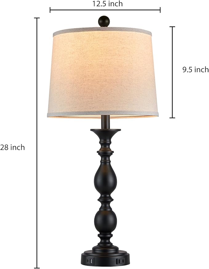 28" Tall Modern Table Lamps Set of 2 with USB C+A Ports and AC Outlet, 3 Way Touch Metal Bedside Lamps for Living Room, Black Farmhouse Nightstand Lamps for Bedroom