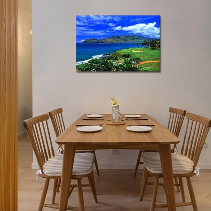 chenchenArt Lagoons Golf Course Wall Art for Living Room Bedroom Bathroom Home Decoration Hawaii Ocean Golf Course Picture Poster Canvas Prints Modern Artwork Framed Ready to Hang(28''H x 44''W)