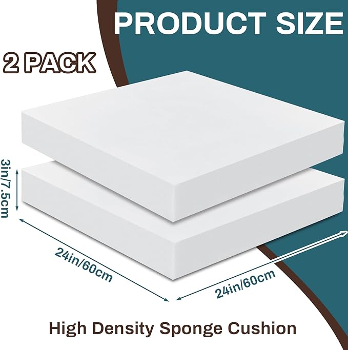 Frienda 2 Pack 3" x 24" x 24" Upholstery High Density Foam Cushion Replacement Square Cut to Size Foam Couch for Chair Couches Padding Shipping Packing DIY Cosplay Projects