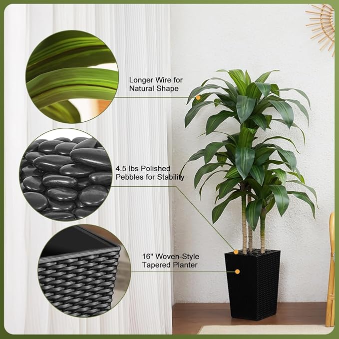 5FT Artificial Dracaena Tree - UV Resistant Faux Tropical Plant, Potted Fake Tree with Taper Planter & Pebbles - Indoor Outdoor Greenery for Home, Porch, Living Room, Bedroom Decor, VN127