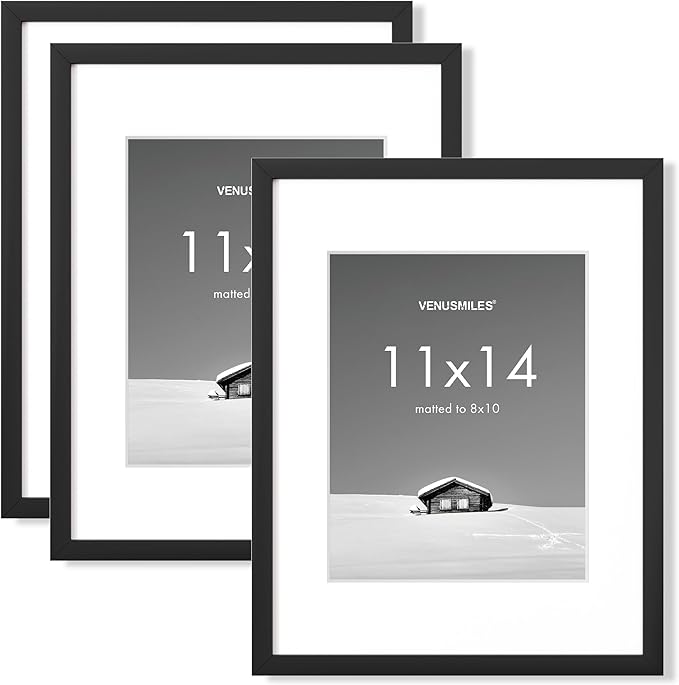 11x14 inch Picture Frame, 11x14 Photo Frames with 8x10 Removable Mat - High Definition Plexiglass - Vertical and Horizontal Display - Wall Hanging Frame - Black, 3 Pack