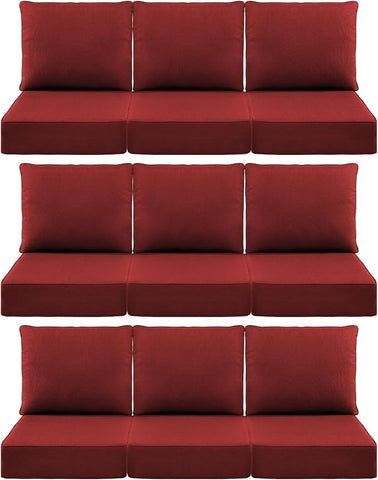 Luxury 6" Outdoor Cushions for Patio Furniture, 24x24x6 Thick Seat Cushion Set of 9, Fade Resistant Couch Chair Replacement Cushions High Density Deep Wicker Chair Cushion w/Removable Cover, Red