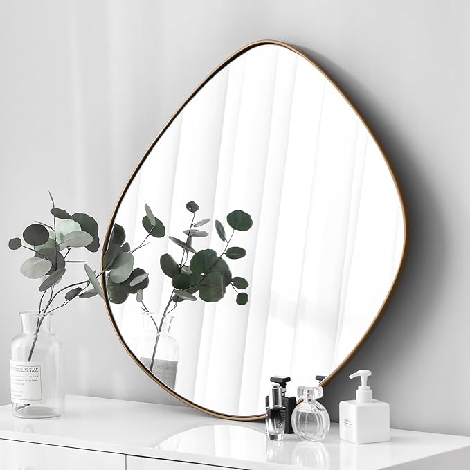 Asymmetrical Wall Mirror Matel Brass Framed Wall Mirror for Living Room Bedroom Bathroom Entryway Wall Decor 24" L x 24" W ELE-004G