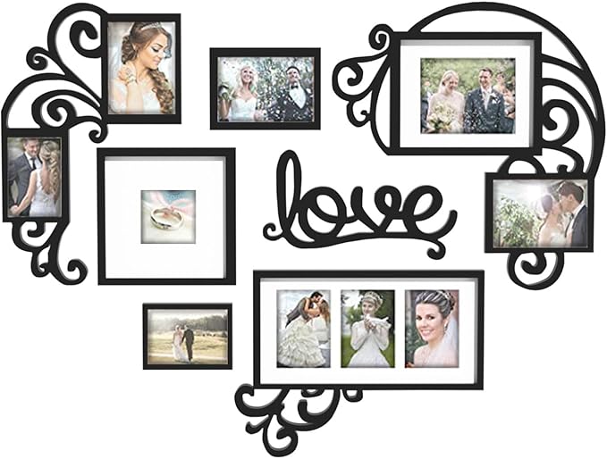 J.M.Deco 7 Pack Vintage Picture Frames, Love Shape Heart Photo College Frames, Valentine Display Multiple Photos For Family Home Living Room 4''x4'' / 4''x6''/ 5''x7''/ 5''x8'' Frames Set | Black