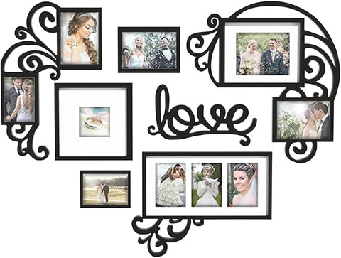 J.M.Deco 7 Pack Vintage Picture Frames, Love Shape Heart Photo College Frames, Valentine Display Multiple Photos For Family Home Living Room 4''x4'' / 4''x6''/ 5''x7''/ 5''x8'' Frames Set | Black