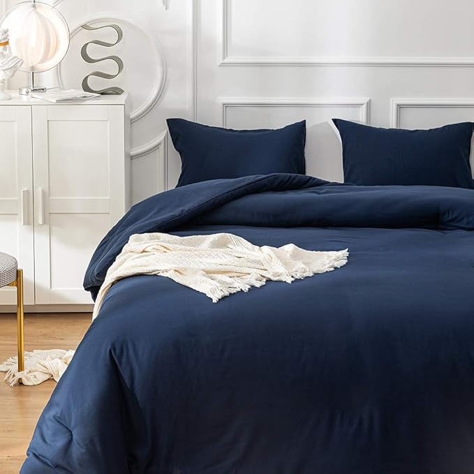 CLOTHKNOW Navy Blue Full Size Comforter Sets 3Pcs Dark Blue Bedding Comforter Sets Women Men Comforter Soft Comforter with 2 x Pillow Cases